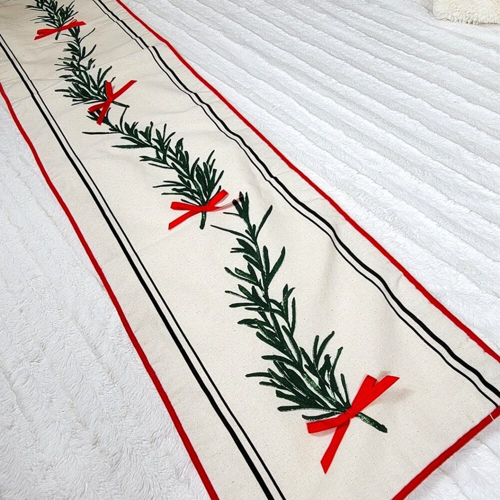 Evergreen Branches with Red Bows Christmas Table Runner 70"